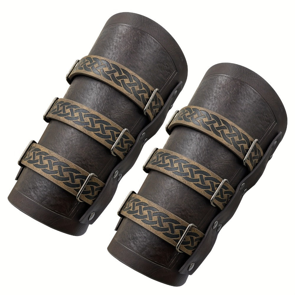 Embossed Renaissance LARP Cosplay Costume Accessory for Halloween, Stage Performance & Photography, Brown & Black, 1pc or 2pcs – Medieval Faux Leather Bracers Viking Arm Guards