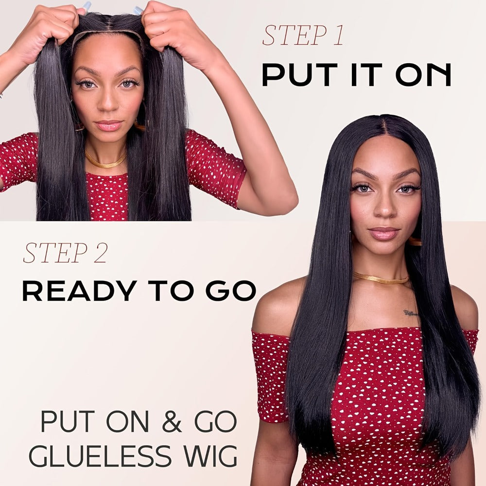 Put On and Go Wig 6x4.5 HD Lace Human Hair Straight 250% Density Glueless Pre-Plucked Pre-Cut Pre-Bleached Knots Long Straight Wig for Women 22-36 Inch Natural Black - product image 9