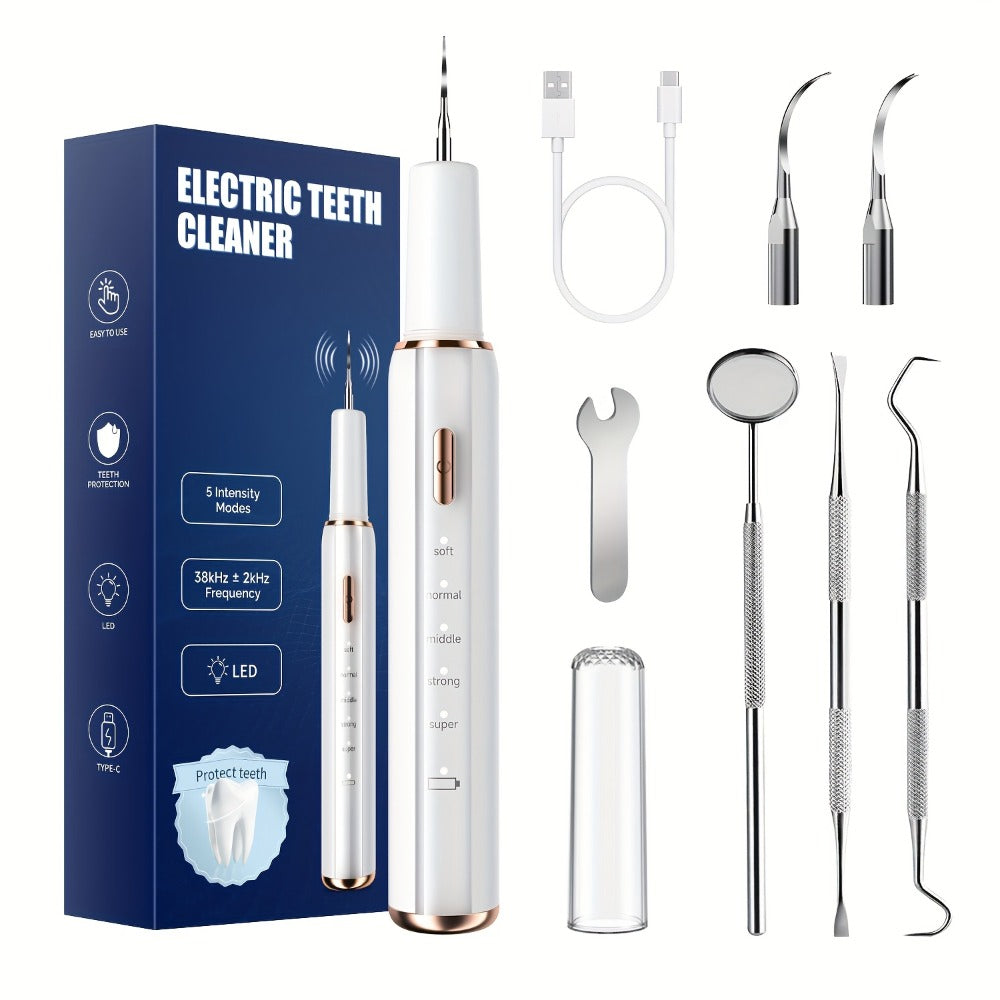 Electric Tooth Cleaner Tartar Remover Rechargeable - 5 Speed Modes, LED Light, USB Charging, 2 Replaceable Brush Heads, Dental Plaque Scraper for Teeth Whitening, Stain & Tartar Re - product image 3