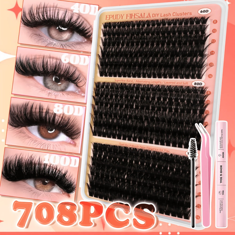 708Pcs Mixed Density Lash Clusters Kit 8-16mm 30D-100D Mega Volume with Glue Tweezers & Brush – Soft Reusable DIY Cluster Lashes for Natural to Dramatic Salon-Style Eye Makeup at H - product image 2