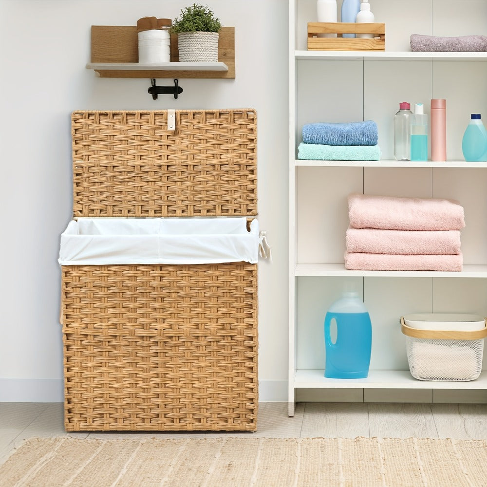 Laundry Basket with Lid - Large Foldable Rattan Hamper with Removable Washable Liner, Sturdy Steel Frame, for Bathroom Bedroom, Goose Yellow or Dove Gray - product image 9