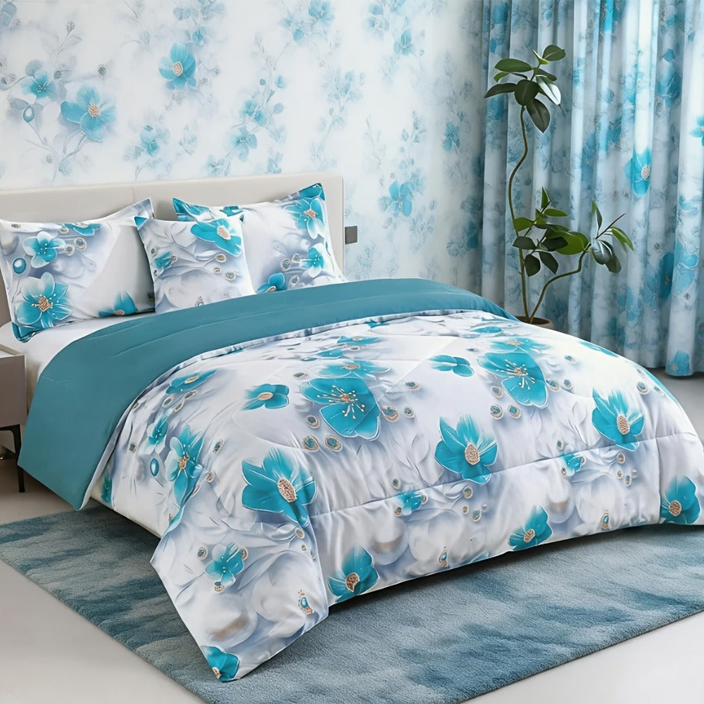 Teal Floral Comforter Set Twin Queen King Gradient Oil Painting Style Botanical Luxury Quilt Bedding Soft Microfiber All Season Bed in a Bag Gift - product image 2
