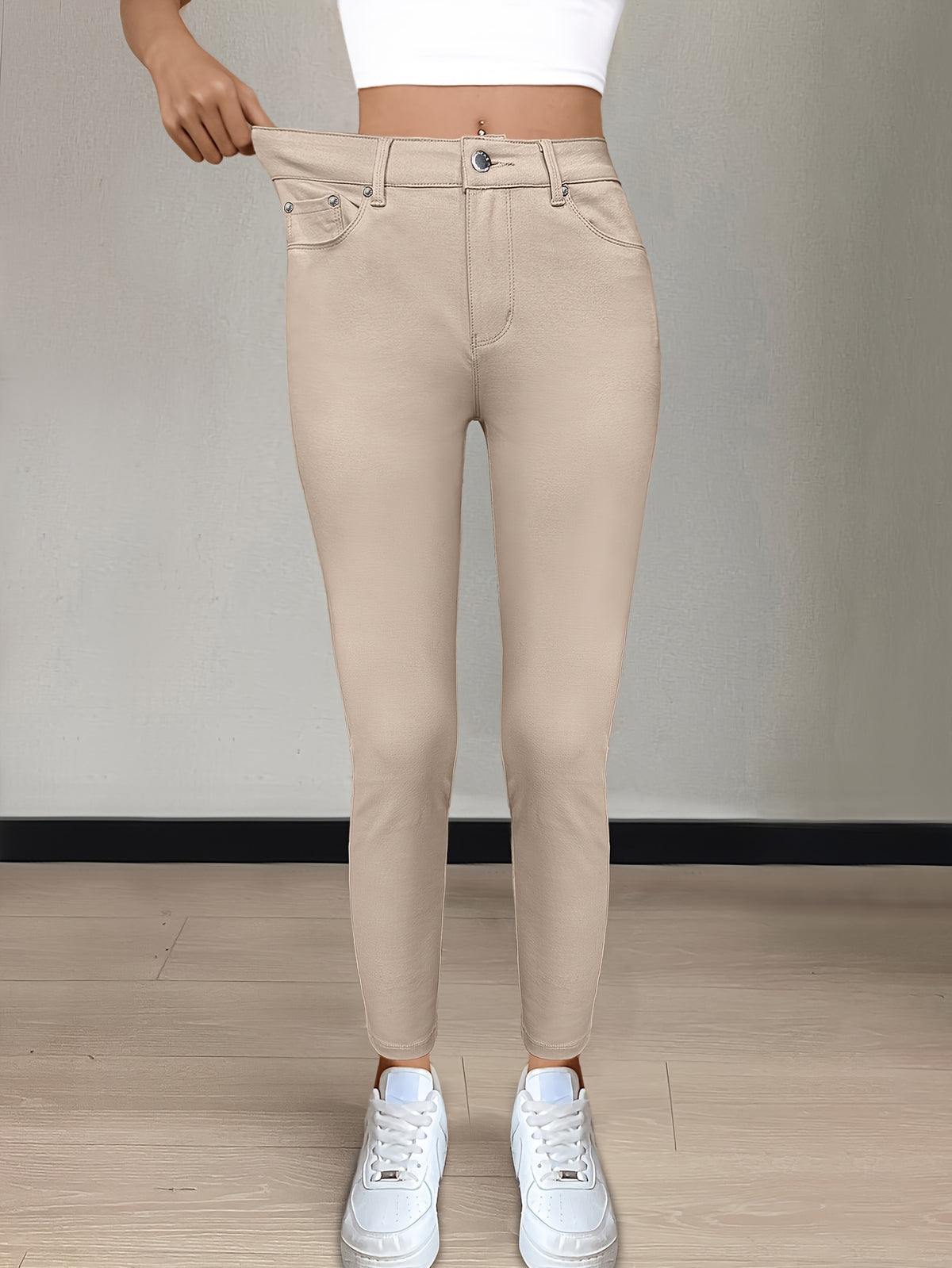 CY038 Full-Length Black High-Waist Skinny Jeans - Stretchy Fabric, Button Decor, Five Pockets, Long Style, Solid Color, Weekend Casual Streetwear - Ideal for - product image 23