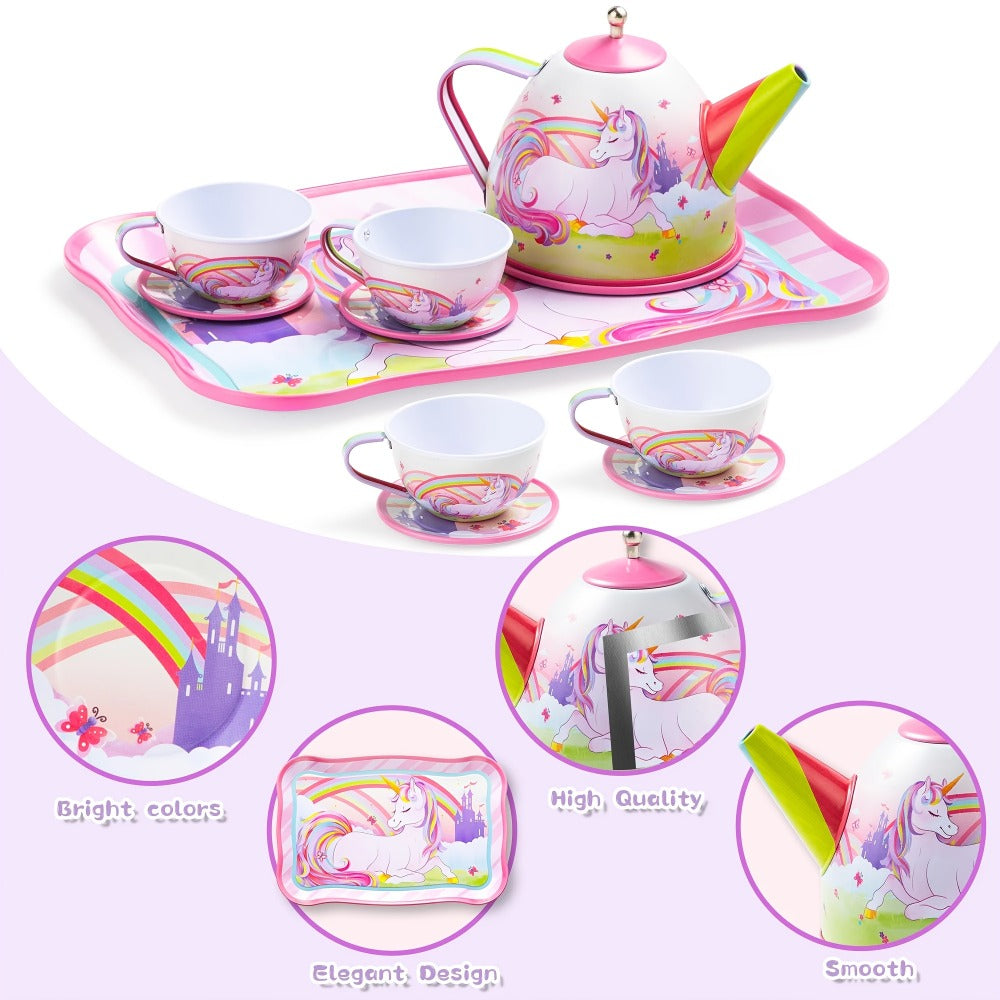 Pretend Play Pink Tin Teapot with Cups, Plates & Carrying Case, Magical Rainbow Design, Birthday Christmas Gift for Kids Ages 3+ | Unicorn Tea Party Set for - product image 5