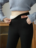 1 Pair Women's High-Waisted Thermal Long Pants, Elastic Warmth with Stretch Waistband Detail, Solid Color, Fabric, Autumn/Winter Collection
