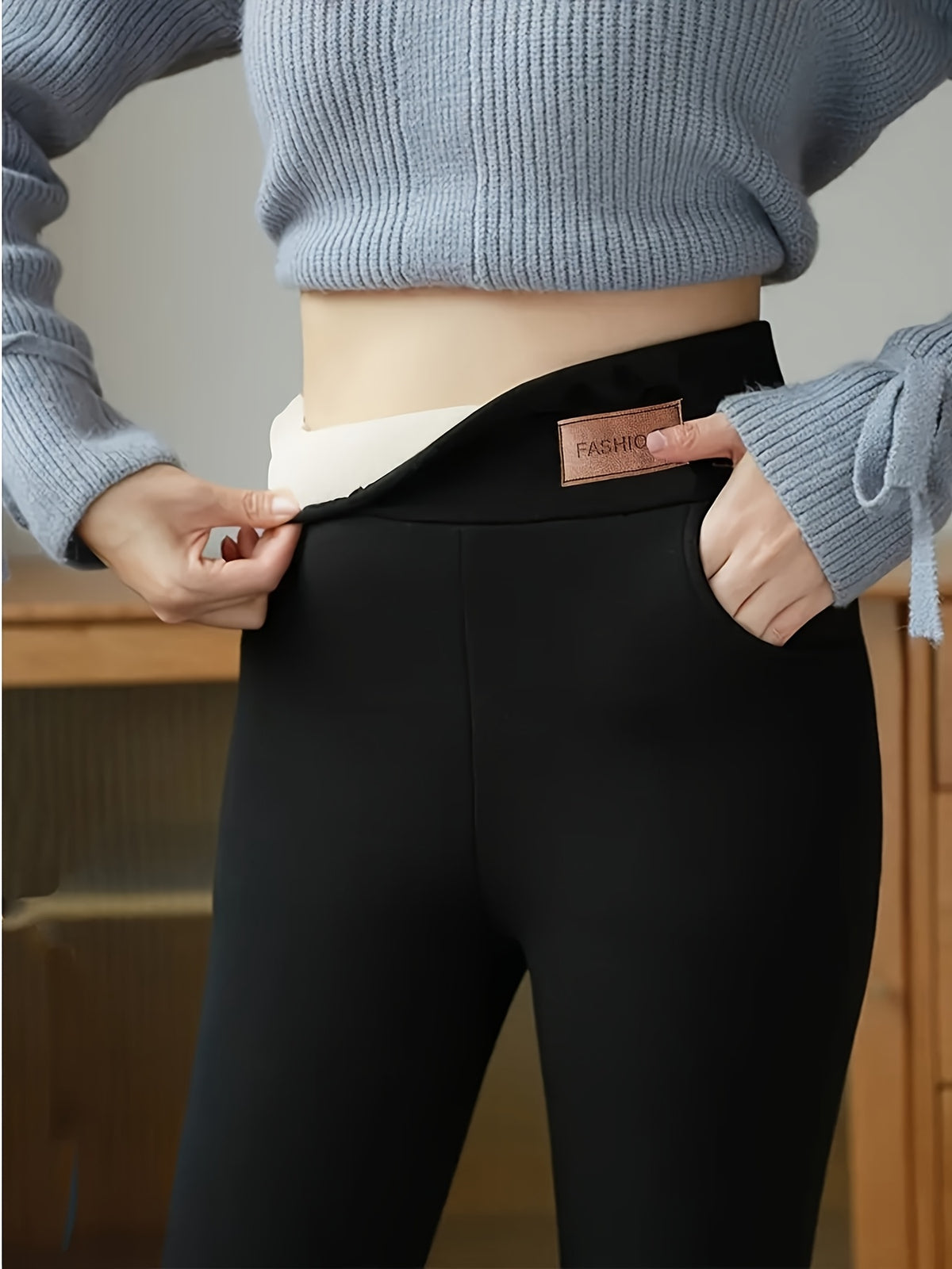 1 Pair Women's High-Waisted Thermal Long Pants, Elastic Warmth with Stretch Waistband Detail, Solid Color, Fabric, Autumn/Winter Collection