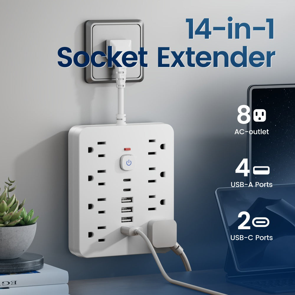 Outlet Extender Power Strip Wall Mountable 14-in-1 10-in-1 with 8 AC Outlets 6 USB Ports 2 USB-C One-Touch Control Switch Overload Protection Short Cord Design for Home Office Scho - product image 10