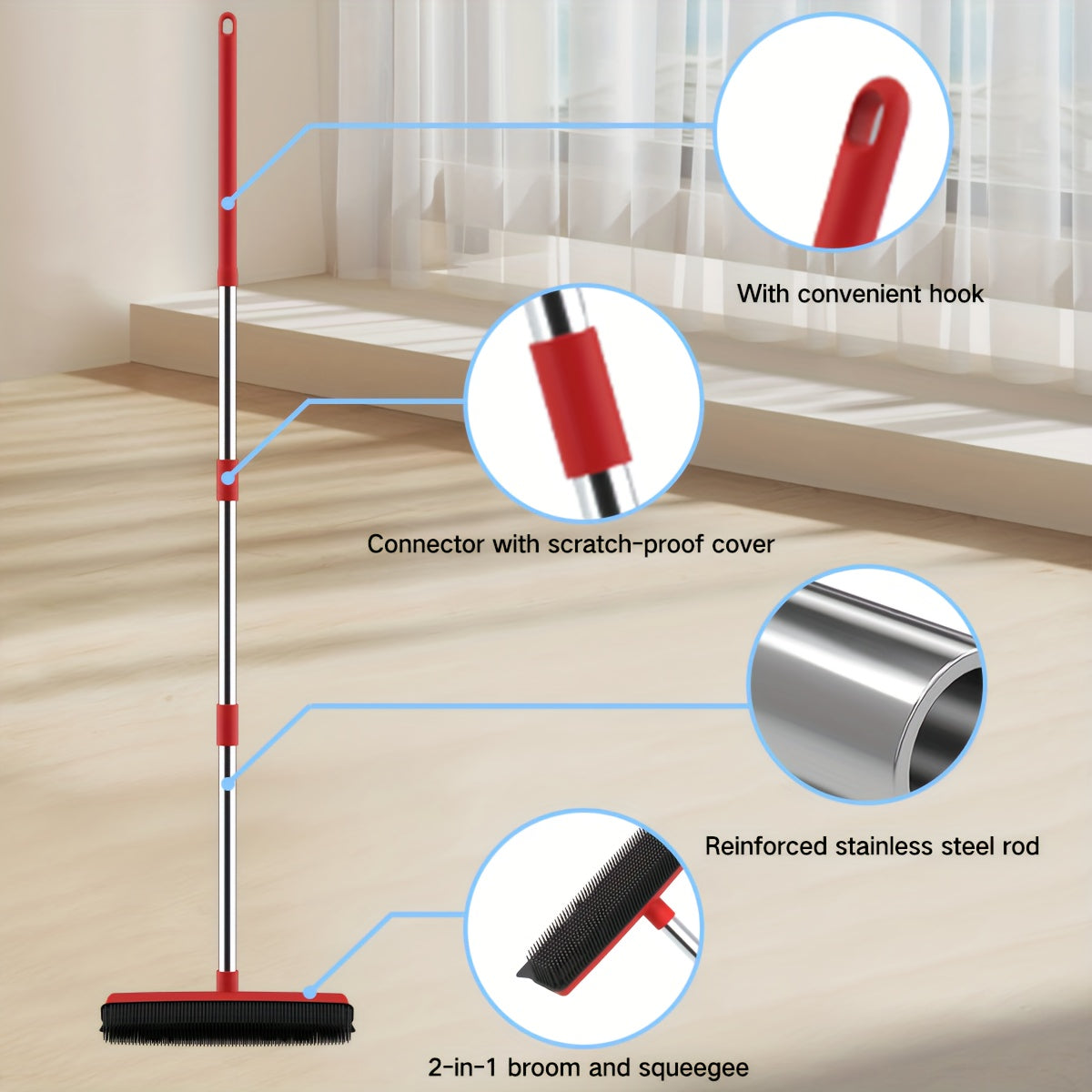 Pet Hair Removal Broom 2-in-1 Silicone Rubber Bristle Broom & Squeegee | Anti-Static Pet Fur Cleaner for Carpet, Hardwood & Tile Floors, Ideal for Dogs & Cats