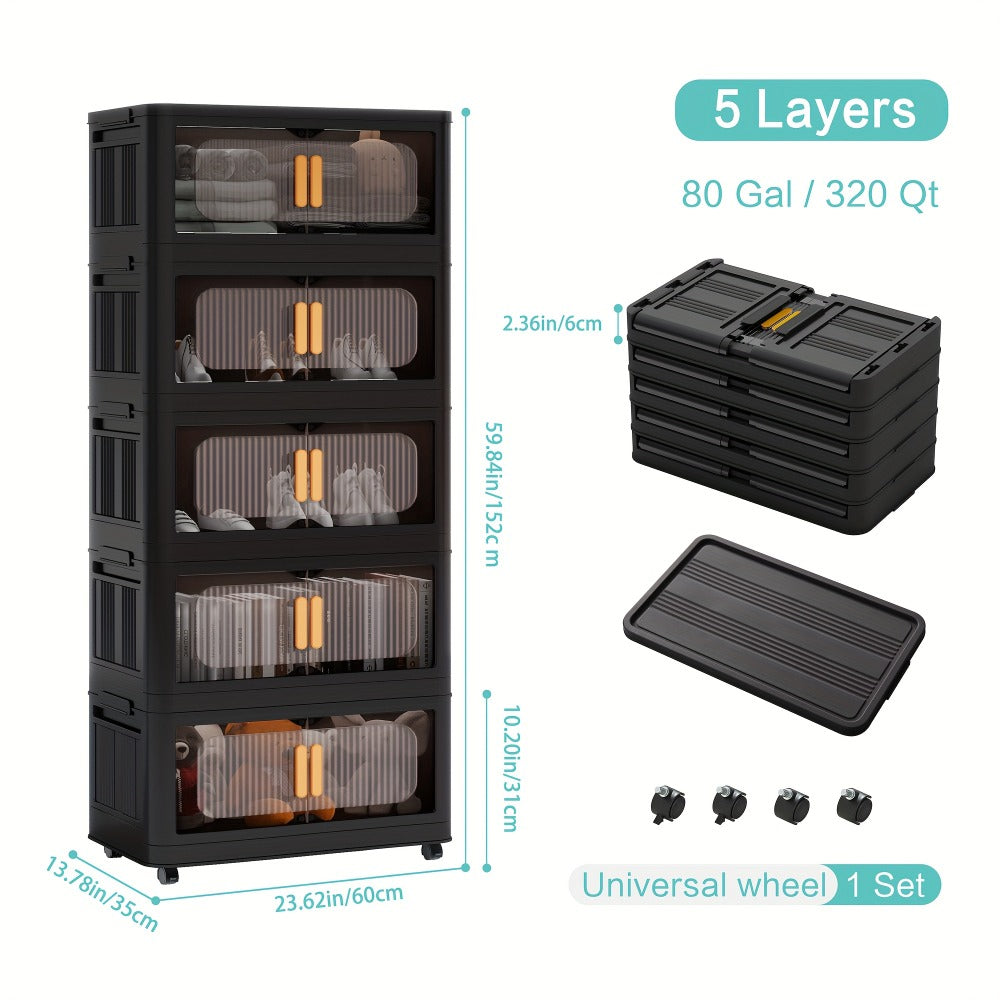 Rolling Storage Cart 4 5 Tier Double Door Collapsible Stackable Plastic Organizer with 360 Lockable Wheels Space Saving Bin for Dorm Office Closet Bedroom Garage Gym - product image 3