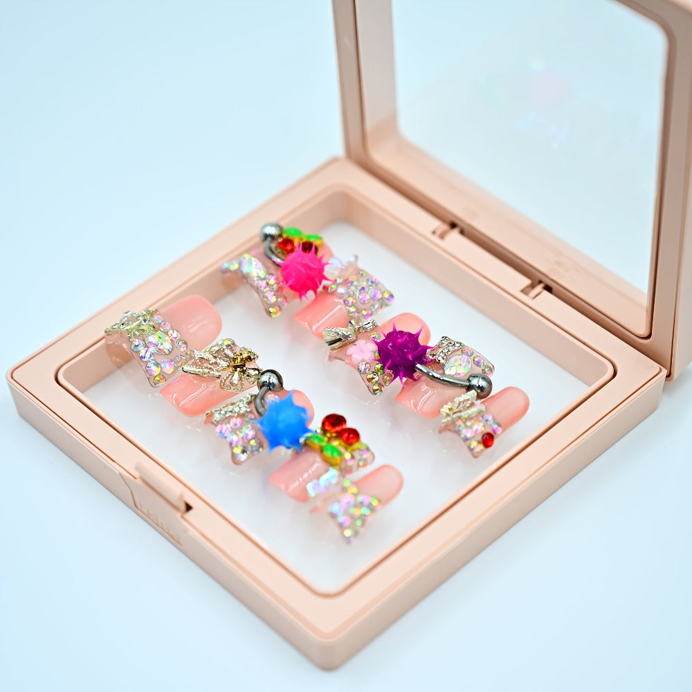 Y2K Duckbill Press On Nails Handmade 3D Charm – Nightmare Eye Barbell Rhinestone Strobe Gradient Star False Nails for Women Girls | Edgy Festival Party Nail Art | S M L Sizes Pink  - product image 18