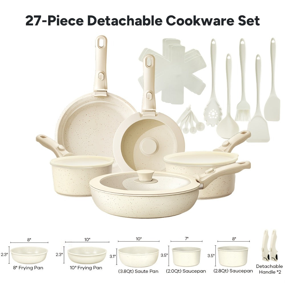 Nonstick Cookware Set 23 & 27 Piece with Removable Handles – Induction Oven Dishwasher Safe Pots and Pans | Non-Toxic Frying Pans Saucepans Space-Saving Kitchen Cooking Set in Beig - product image