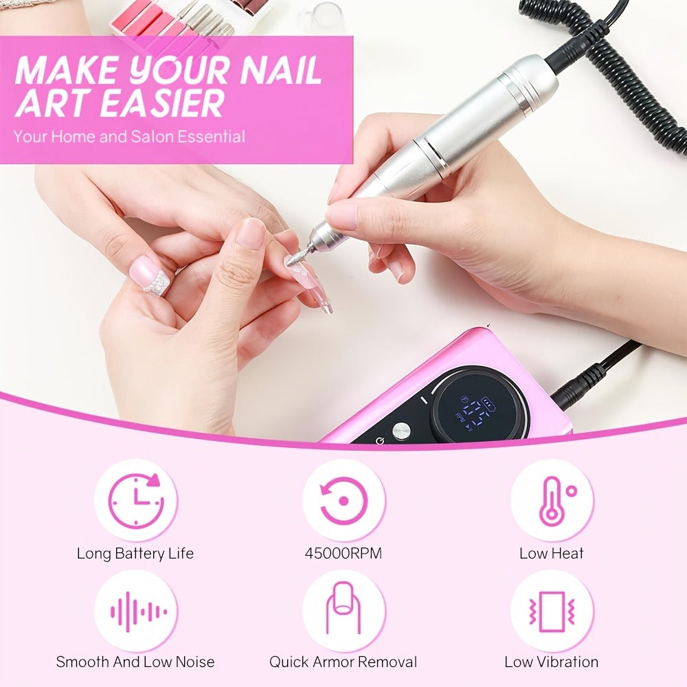 Nail Drill Machine 45000 RPM Brushless Motor 10-Hour Battery Electric Nail File with LCD Smart Screen 6 Drill Bits 6 Sanding Bands – Forward Reverse Low Noise Nail Grinder for Gel  - product image 2