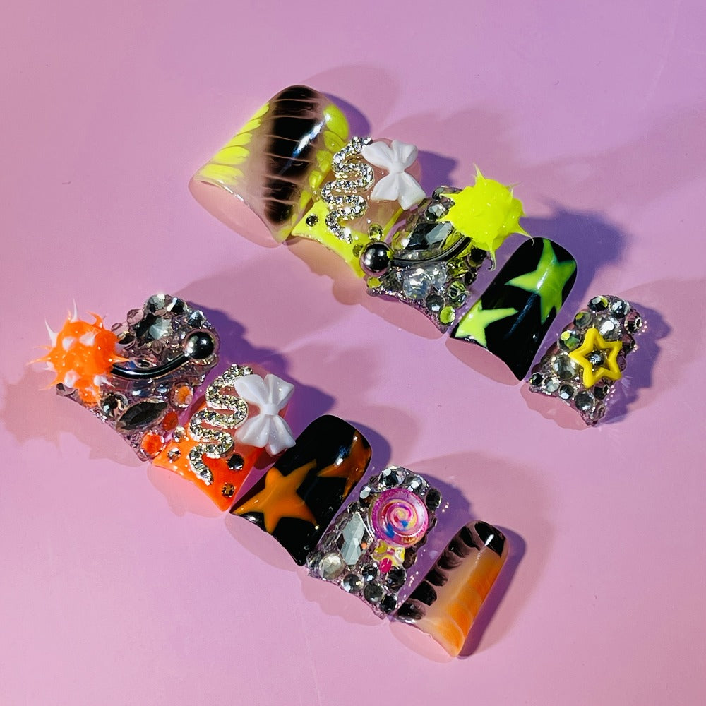 Y2K Duckbill Press On Nails Handmade 3D Charm – Nightmare Eye Barbell Rhinestone Strobe Gradient Star False Nails for Women Girls | Edgy Festival Party Nail Art | S M L Sizes Pink  - product image 16