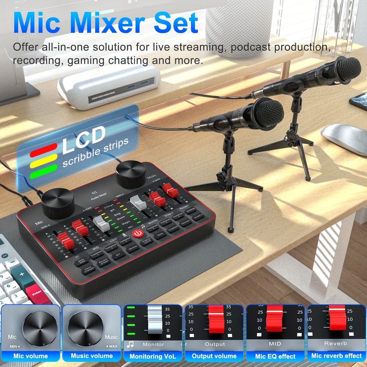 Podcast Equipment Bundle, All-in-One Audio Interface DJ Mixer with 2 Condenser Microphones, Recording Studio Kit Live Sound Card for Singing Broadcast, Live - product image 7