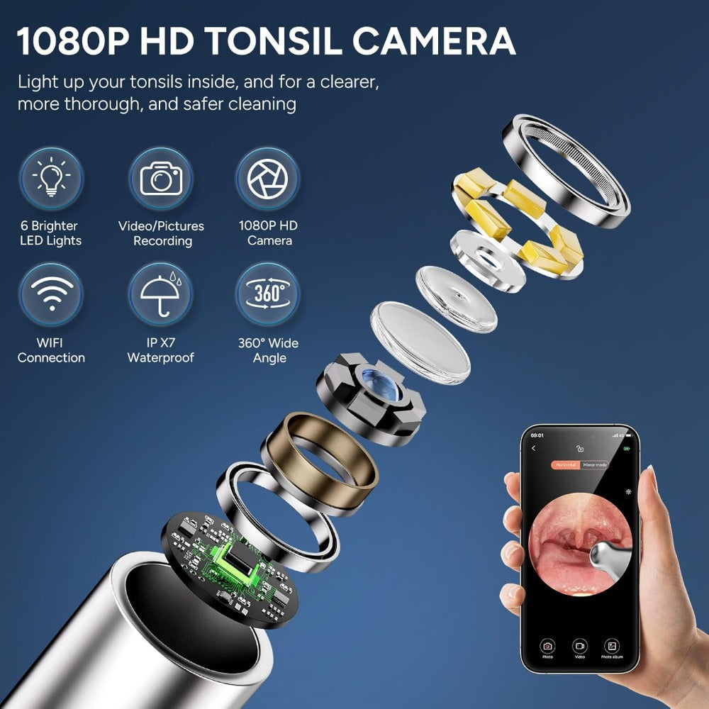 Visual Tonsil Stone Remover with 1080P HD Camera – 6 LED Lights, 5 Stainless Steel Heads, Bad Breath Prevention, iOS & Android Compatible, At-Home Tonsil Care Kit - product image 7