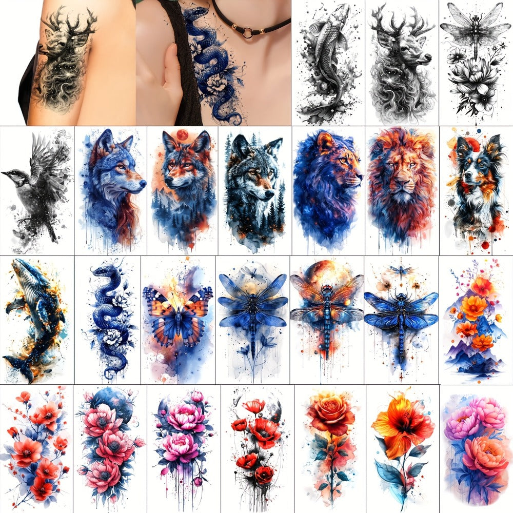 Watercolor Temporary Tattoos 24 Sheets for Women & Kids | Large Realistic Fake Tattoo Stickers Flower & Animal Designs Long Lasting Body Art Half Arm Tattoos - product image
