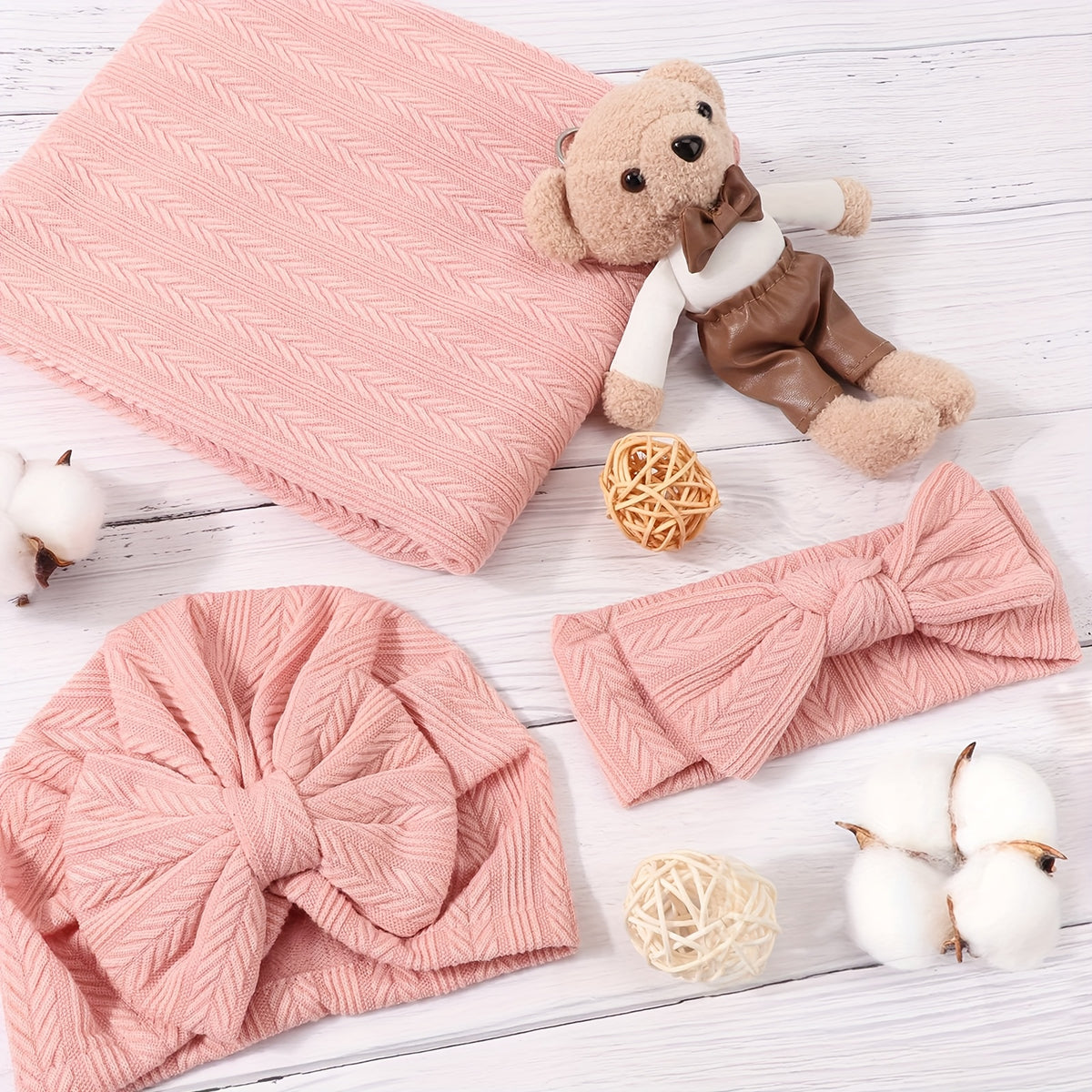 Baby Swaddle Blankets for Girls Boys, 3pcs Newborn Accessories Set with Matching Hat and Bow Headband Soft and Skin-friendly Texture, Suitable for All Four - product image 2
