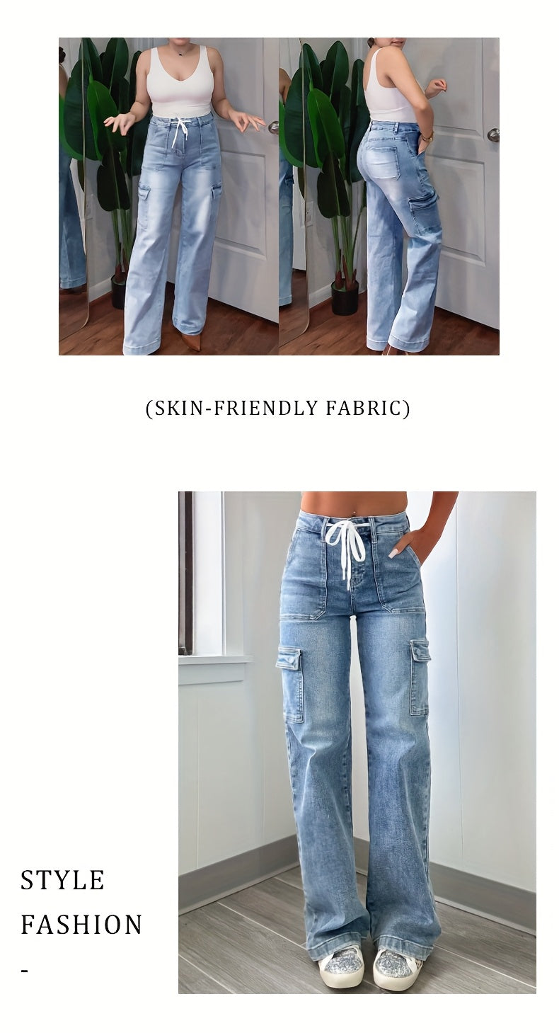 New Style Women's Leisure Straight-Leg Jeans with Laces and Multiple Pockets, Casual Fashion Denim Fabric Sweatpants Jeans Fit Women's Clothing - product image 3