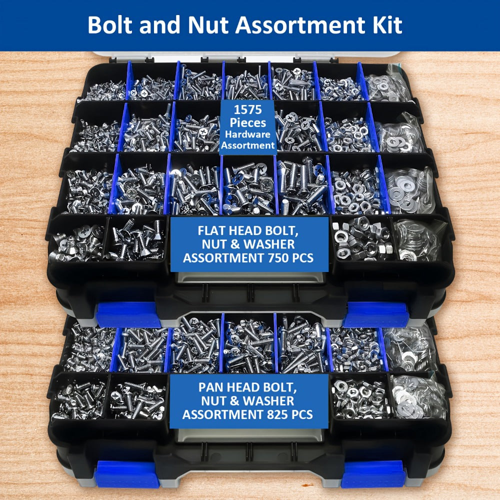 1575pcs 304 Stainless Steel Nuts and Bolts Assortment Kit – Pan Head Flat Head Screws Nuts Washers with Double-Sided Storage Box for Home & Mechanical Repairs - product image 5