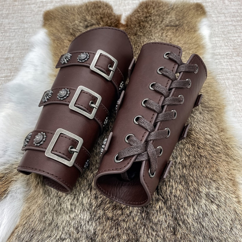 PU Leather Knight Gauntlets Adjustable Metal Buckles Rivets for Men Women Halloween Cosplay LARP Renaissance Fair Stage Costume Dark Brown Khaki Black | Viking Medieval Leather Arm Guards Bracers