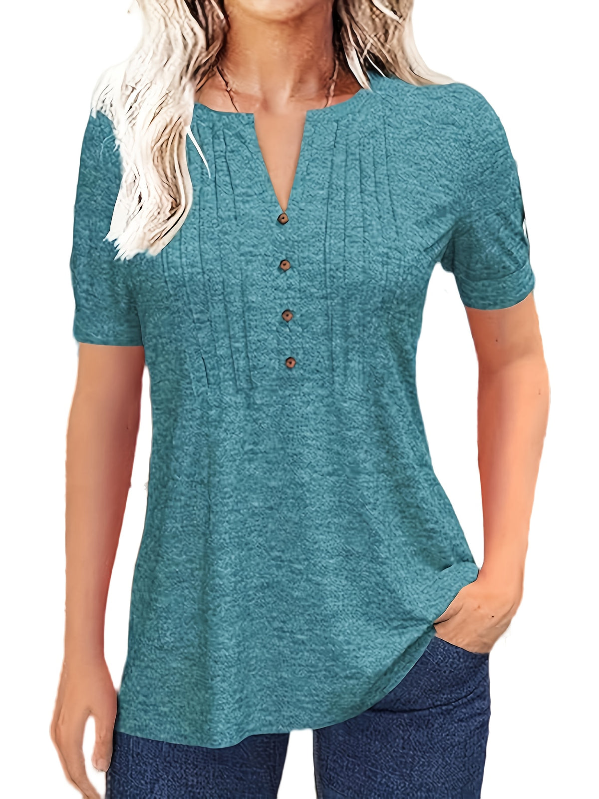 Casual Short-Sleeve T-Shirt for Women, Featuring a Pleated Design and V-Neck in Solid Colors, Perfect for Summer - product image 13