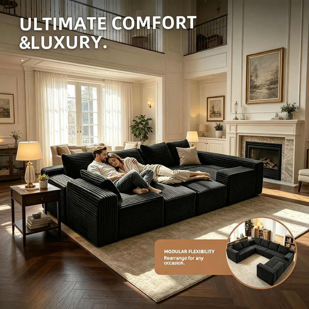 121.2" Oversized U-Shaped Corduroy Cloud Couch, 8-Seater Modular Sectional Sofa with Double Chaise, Boneless Deep Seat Convertible Couch, 4-In-1 Flexible Large Corner Sofa for Living Room, No Assembly