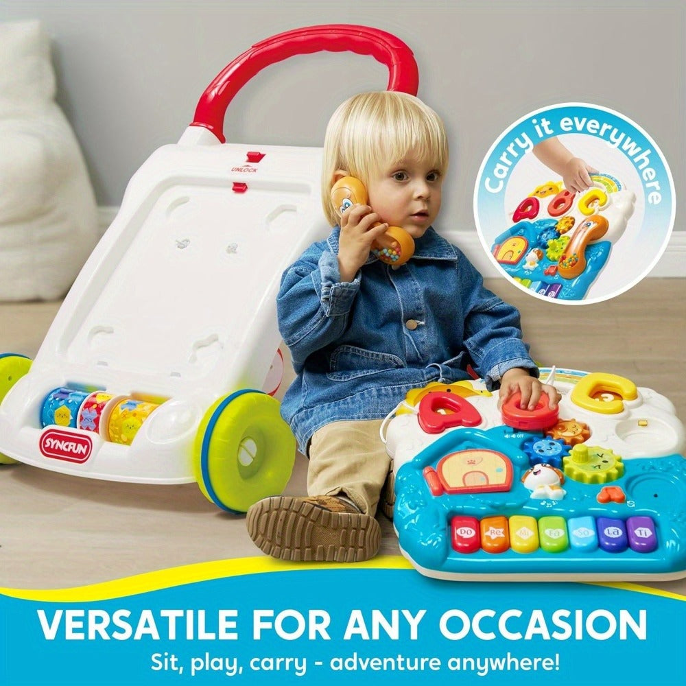 Sit to Stand Baby Push Walker 2-in-1 Adjustable Speed Learning Walker Detachable Play Panel 7-Mode Piano Light-Up Buttons Sound Effects – Baby Shower Birthday Gift – Infant Walking Toy for Boys Girls