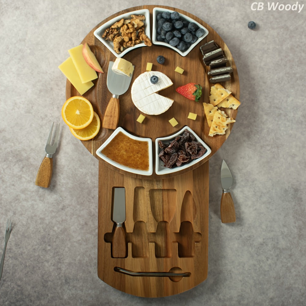 Acacia Wood Charcuterie Board Set Circular Cheese Board with Drawer Knife Set & Ceramic Bowls | Premium Serving Platter Gift Set for Housewarming Bridal Shower Wedding Birthday Wom - product image