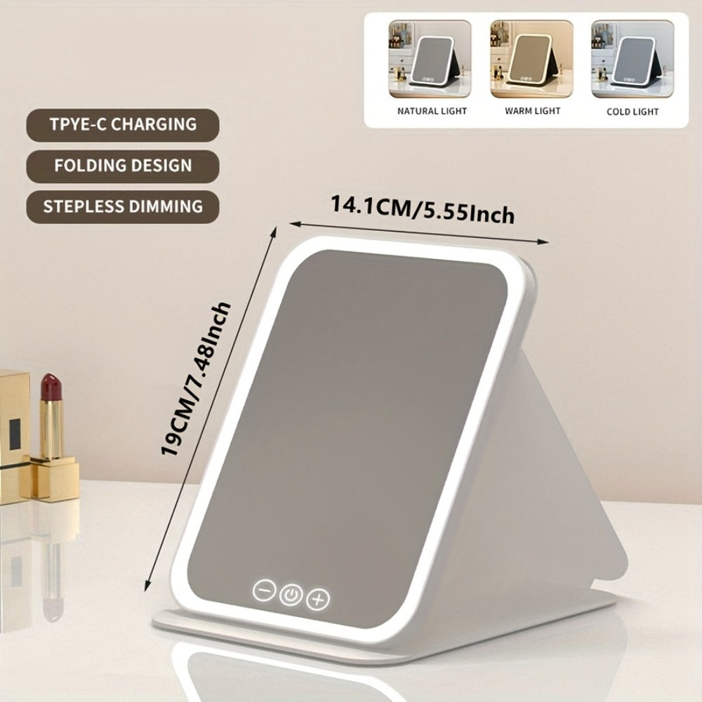 Portable LED Makeup Mirror Folding with Touch Screen - USB Rechargeable Vanity Mirror, Tri-Color Dimmable Lighting, Travel Desk Tabletop, Square or Round Shape, Pink or White, Cord - product image 18