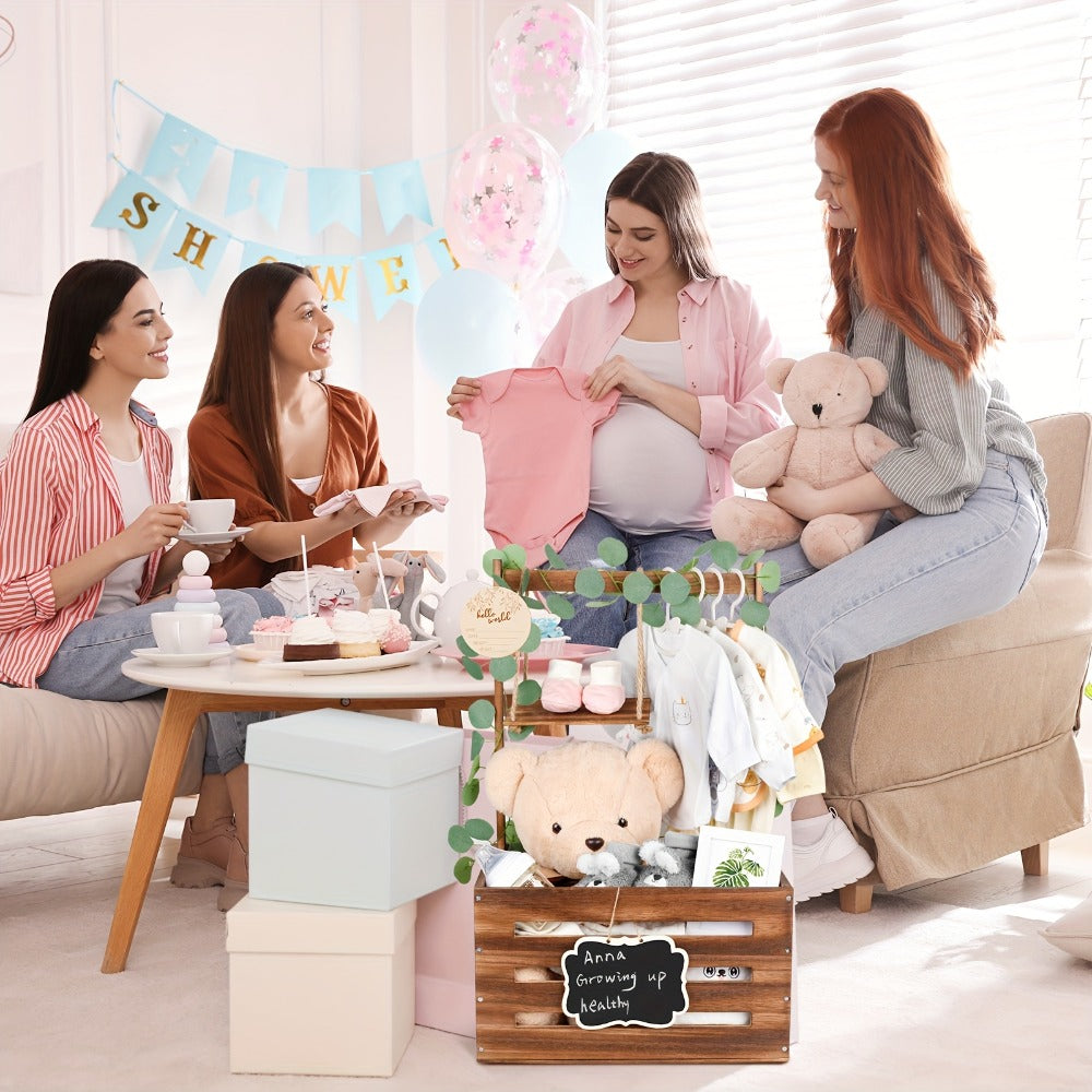 Wooden Gift Crate Basket with Handle and Garland Large Storage Organizer Baby Shower Pregnancy Announcement Christmas Party Decor Housewarming Gift - product image 4