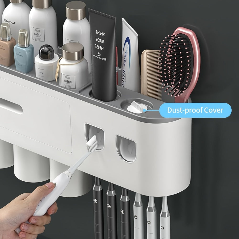 Wall Mounted Toothbrush Holder with Automatic Toothpaste Dispenser - 3 Cups Bathroom Organizer, Space-Saving Toothbrush Cup Holder for Family, Black & Gray - product image 11
