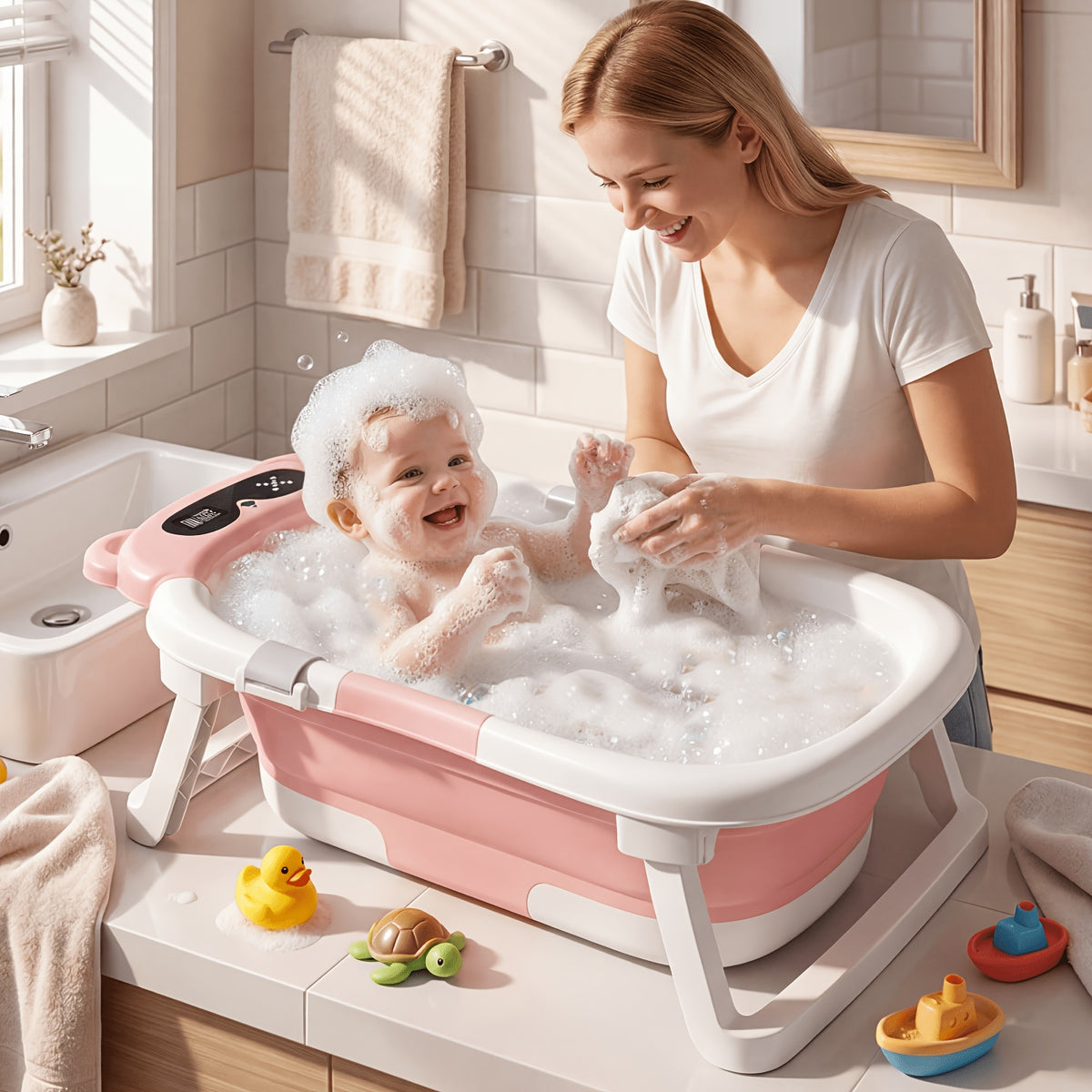 Foldable Bathtub, Foldable Baby Bathtub With Soft Cushion and Thermometer, Non-slip, Portable Travel Bathtub, Includes Soft Floatation Cushion, Durable and Safe, Suitable For Newborn To Toddler