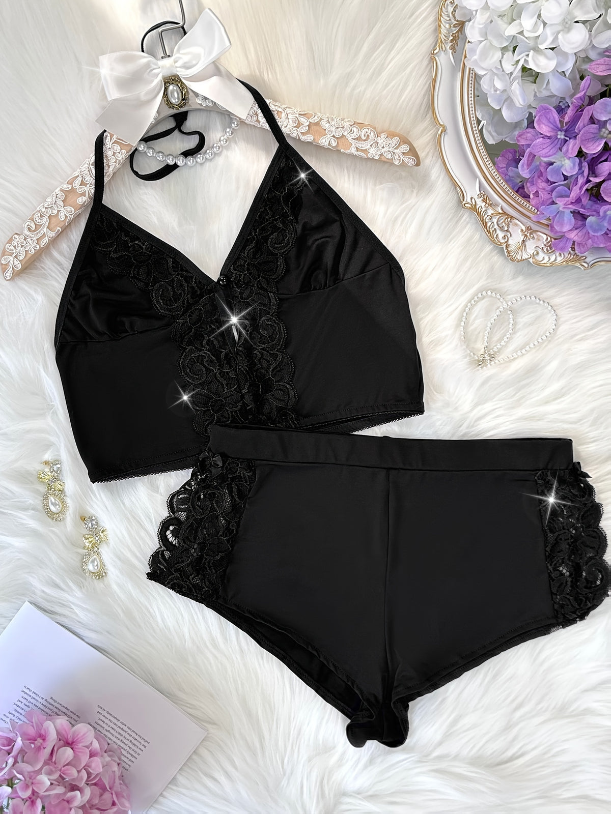 Solid Color Lace Splicing Halter Neck Tie Backless Button Splicing Bilateral Side Opening Lace Splicing Soft -friendly Sexy Home Pajamas Set - product image 20