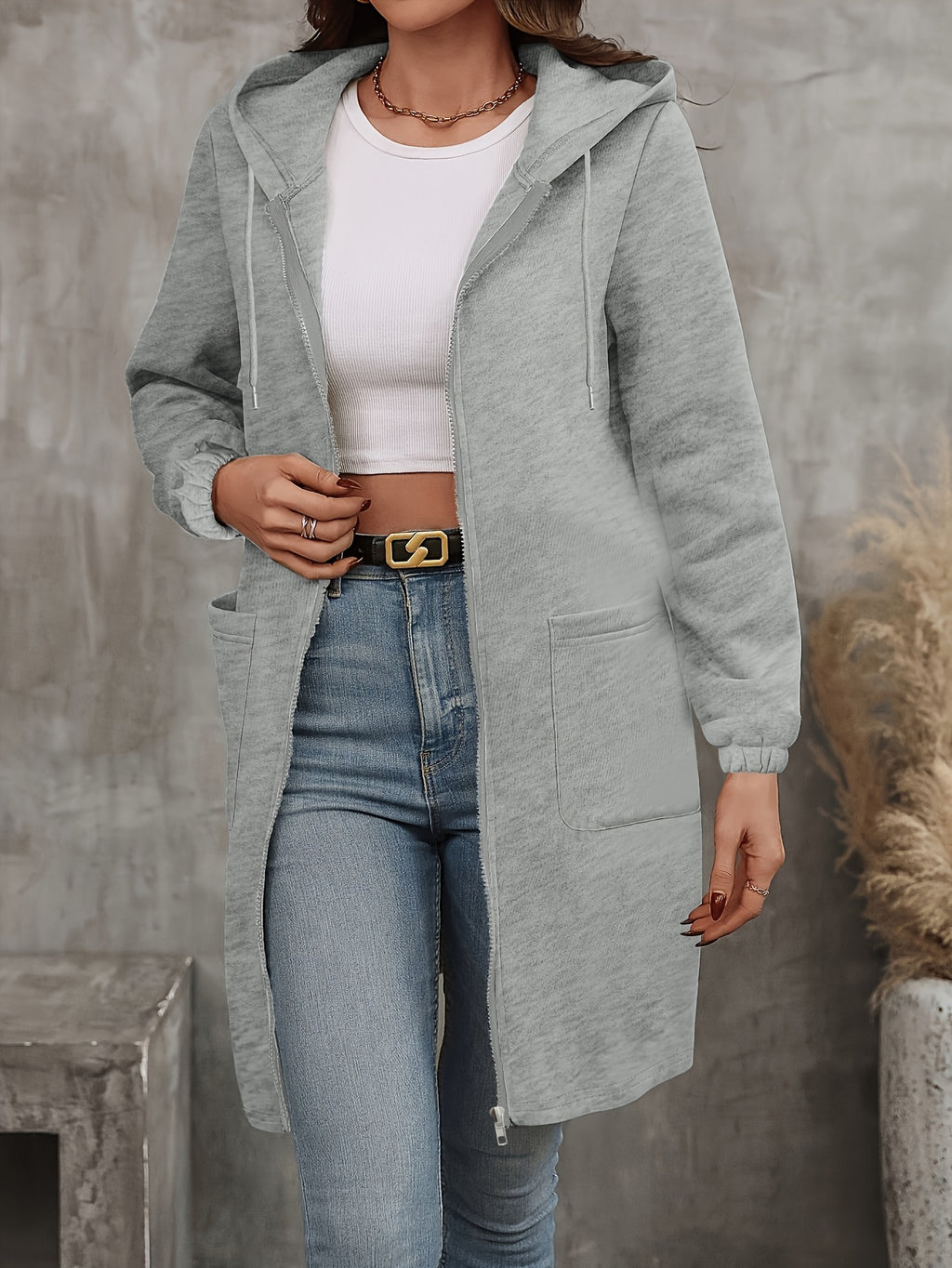 Women's Chic Light Gray Long Hoodie with Kangaroo Pocket, Zipper & Drawstring - Casual Polyester Warm Jacket, Machine Washable for Fall/Winter, Jacket Hoodie - product image 3