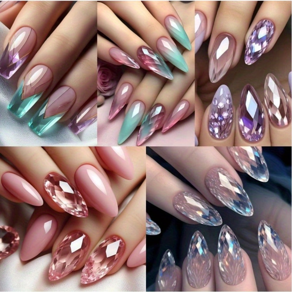 Holographic Nails 120 Pieces 5 Packs Medium Almond Press On Nails Gradient Iridescent – Mixed Color Orange Tones Full Cover Fake Nails Kit with Jelly Glue & Nail File for Women Gir - product image