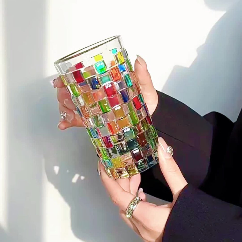 Hand-Painted Drinking Glasses Set – Colorful Square Lattice Woven Handcrafted Glass for Water, Juice, Whiskey & Beer – Artistic Decorative Glassware for Home Bar & Entertaining – 2 - product image 10