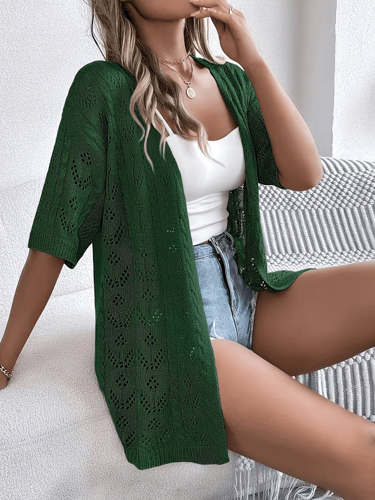Plus Size, Plus Size Women's Lightweight Lace- Cardigan - Open Front Semi-Sheer Cover-Up with Cut-Out Design, Casual Chic Spring/Summer Beachwear for Vacation - product image 2