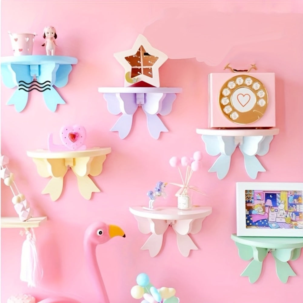 Floating Wooden Wall Shelf with Bow Design - Wall-Mounted Storage Rack for Bathroom Kitchen Living Room Bedroom Decor - product image