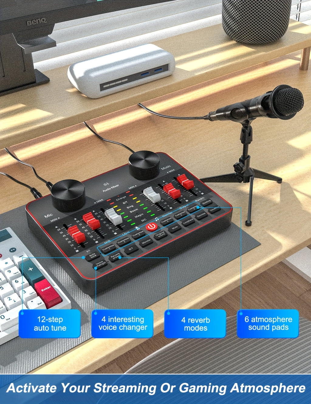 Podcast Equipment Bundle, All-in-One Audio Interface DJ Mixer with 2 Condenser Microphones, Recording Studio Kit Live Sound Card for Singing Broadcast, Live - product image 13
