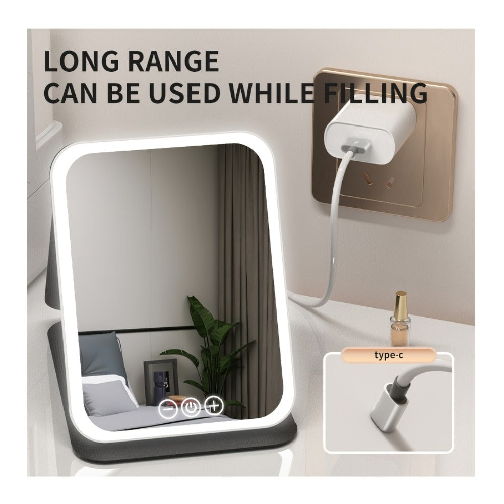 Portable LED Makeup Mirror Folding with Touch Screen - USB Rechargeable Vanity Mirror, Tri-Color Dimmable Lighting, Travel Desk Tabletop, Square or Round Shape, Pink or White, Cord - product image 4