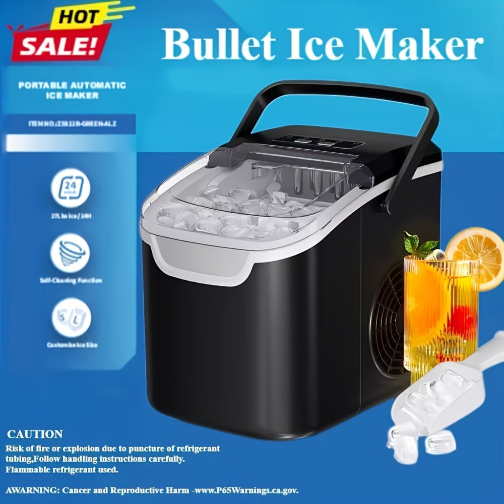 Countertop Bullet Ice Maker 26lbs/24H, 9 Bullet Ice Cubes in 6 Mins, 2 Sizes, Self-Cleaning Portable Ice Machine with Handle Ice Basket & Scoop, for Home Kitchen RV Camping - product image