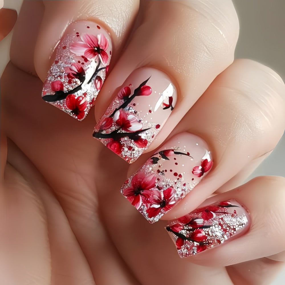 Floral Press On Nails 120 Pieces 5 Packs – Glossy Spring Summer False Nails Medium Square Full Cover Fake Nails with Striped & Mixed Color Designs | Removable Nail Art Set for Wome - product image 7