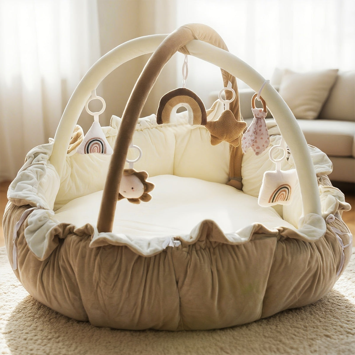 Thick Plush Convertible Ball Pit Tummy Time Mat Floor Cushion for Cats Dogs, Collapsible Pet Activity Gym Pad, Multiple Colors Available | 5-in-1 Pet Play Mat & Bed with 6 Toys