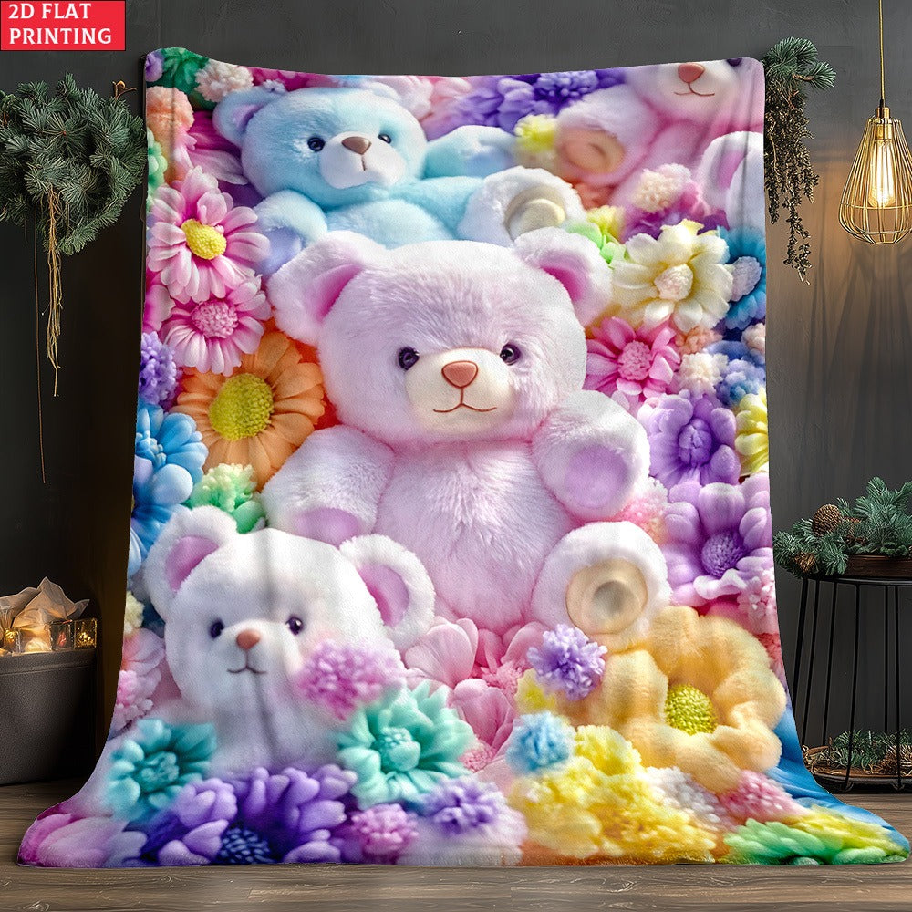 Teddy Bear Floral Blanket 2D Flat Print - Soft Lightweight Colorful Throw for Sofa Bed Travel Camping Office Living Room, Cute Animal Flower Pattern Home Decor Blanket - product image 4