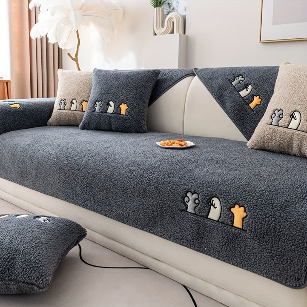 Plush Shearling Sofa Cover Non-Slip Pet-Friendly Couch Protector Animal Bone Embroidery Soft Warm for Living Room Bedroom Office 2 3 4 Seater - product image 40