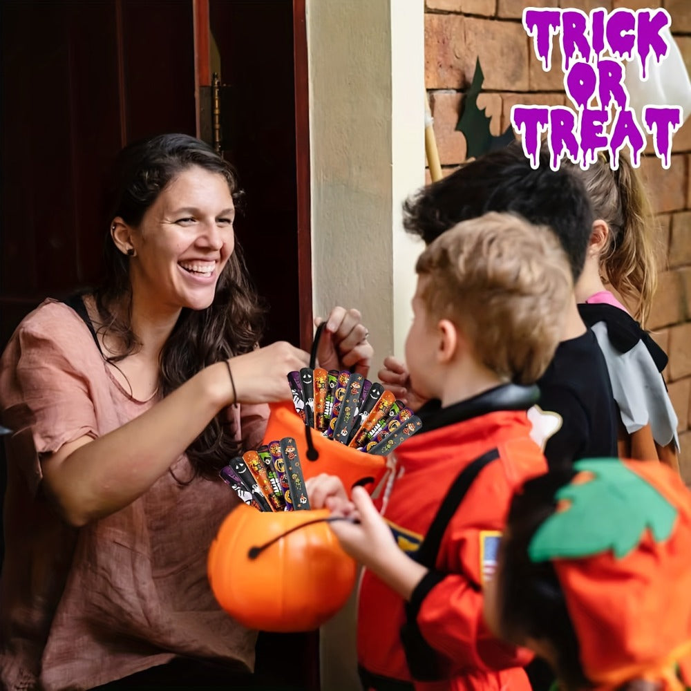 54/100PCS Halloween Party Favors for Boys & Girls, Spooky Treat Bag Stuffers, Classroom Goodie Gifts, Halloween Toy Accessories | Halloween Slap Bracelets Bulk for Kids