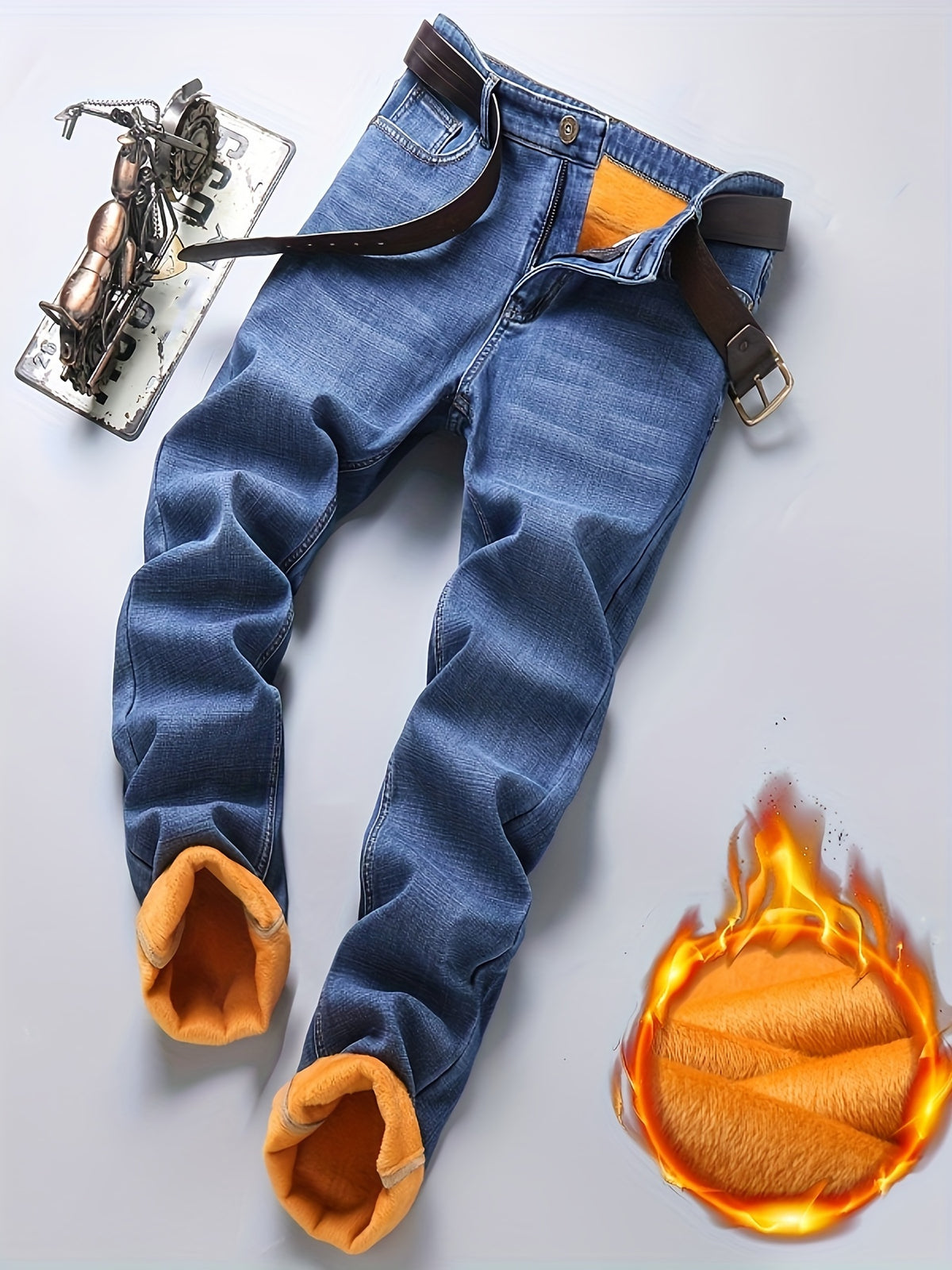 Men's High-Waisted Straight-Leg Winter Jeans - Thickened -Lined Warmth, Washed Denim Texture, Solid Blue Casual Pants for Cold Weather, Cold Weather Apparel - product image 7