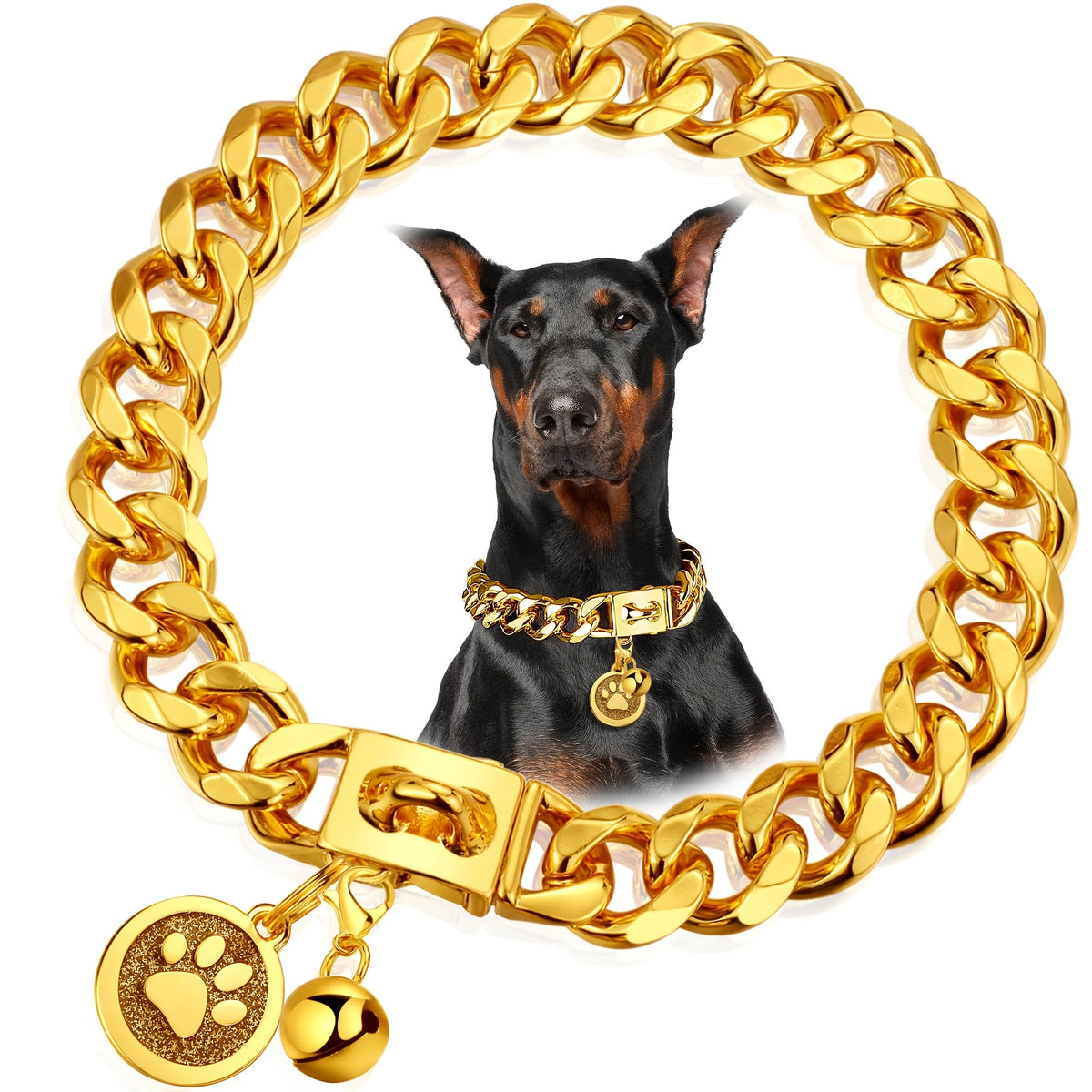 19mm Gold Plated Stainless Steel with Snap Lock, 6 Sizes for Puppy Small Medium Large Dogs | Cuban Link Dog Chain Collar - product image