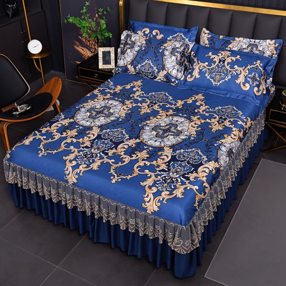 Floral Ruffle Bed Skirt Cool Mat 3 Piece Set with Pillowcase, Double Layer 360° Full Wrap Washable Cooling Mattress Cover, Breathable Summer Bedding Set for Twin Full Queen King, P - product image 8