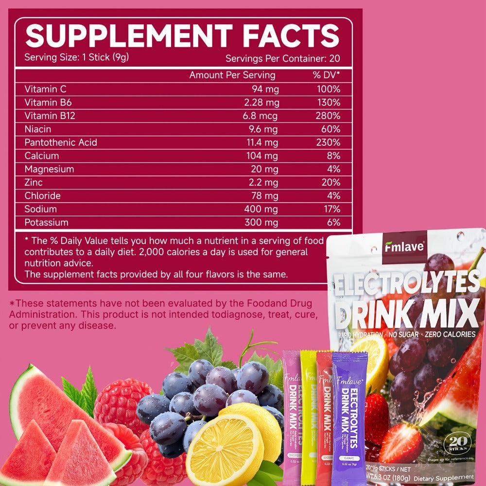 Electrolyte Drink Mix Powder - Zero Sugar, Zero Calorie Rapid Hydration with Vitamins C, B6 & B12 - 20 Single-Serving Sticks for Workouts, Travel & Daily Use - product image 7